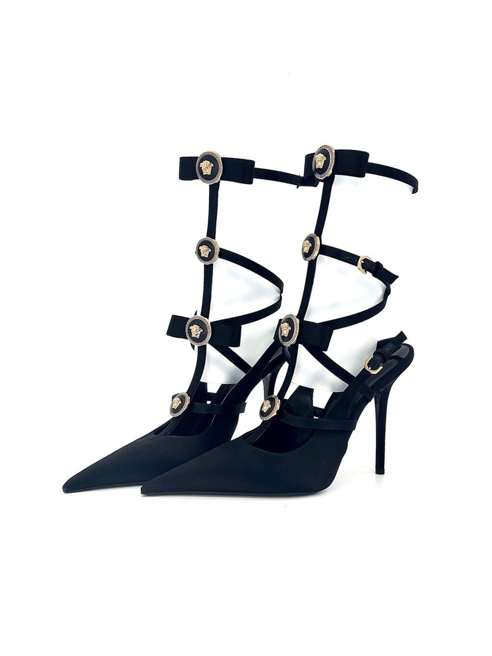Versace Medusa Bow Caged Gladiator Strappy Slingback Pointed Toe Pumps 40